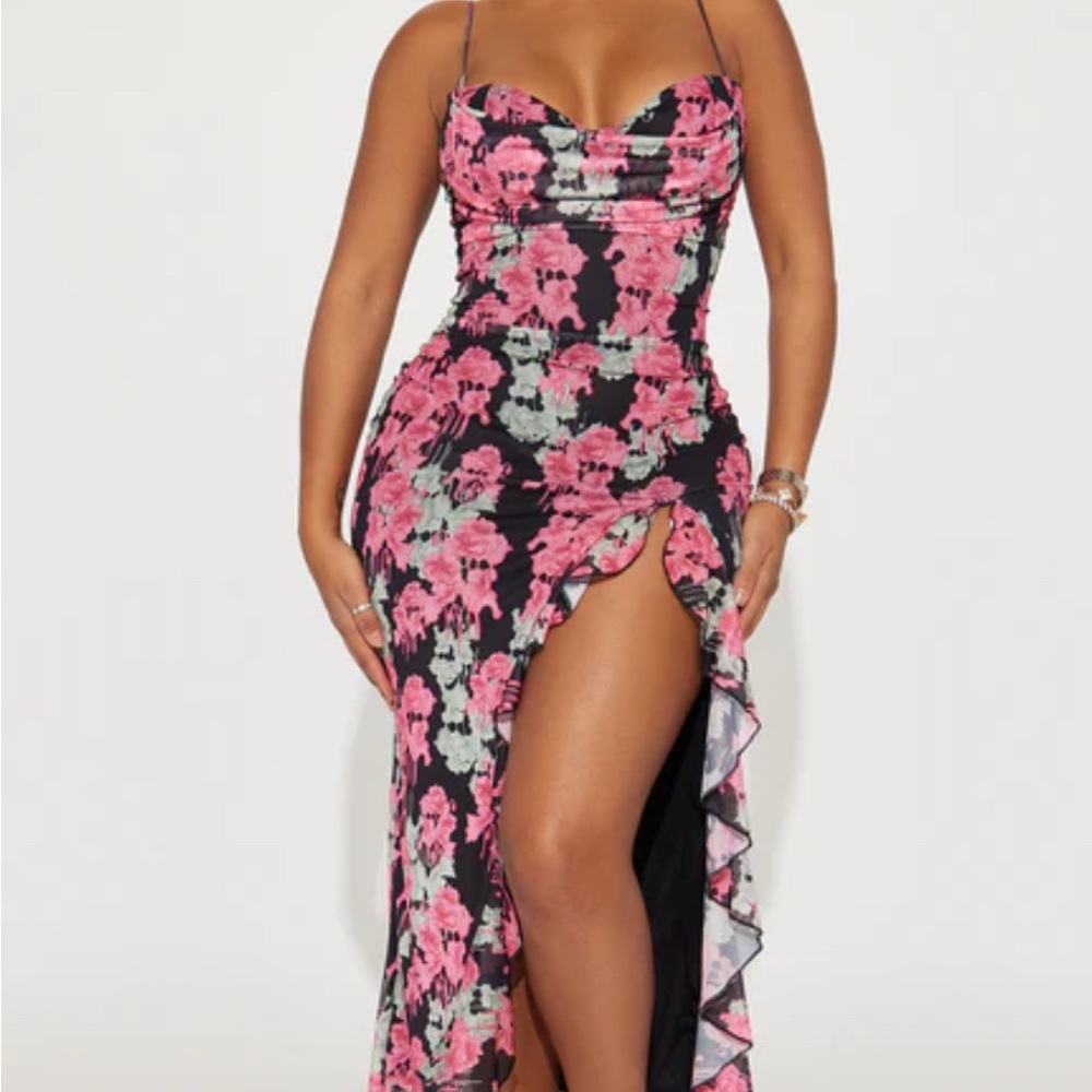 Fashion Nova Pink and Black Floral High Low Dress